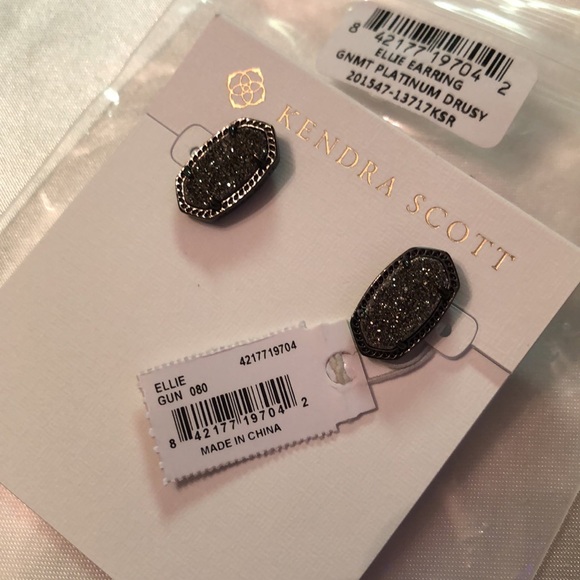 Kendra Scott Ellie Gunmetal Tone Stud Earrings With Platinum Drusy NWT - Picture 9 of 16